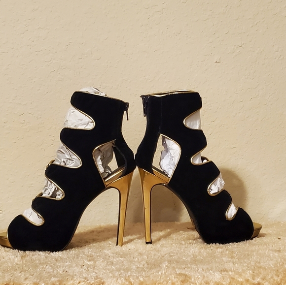 Scene Jamari Black and Gold Velvet Platform Heel womens size 7.5 - Picture 4 of 6